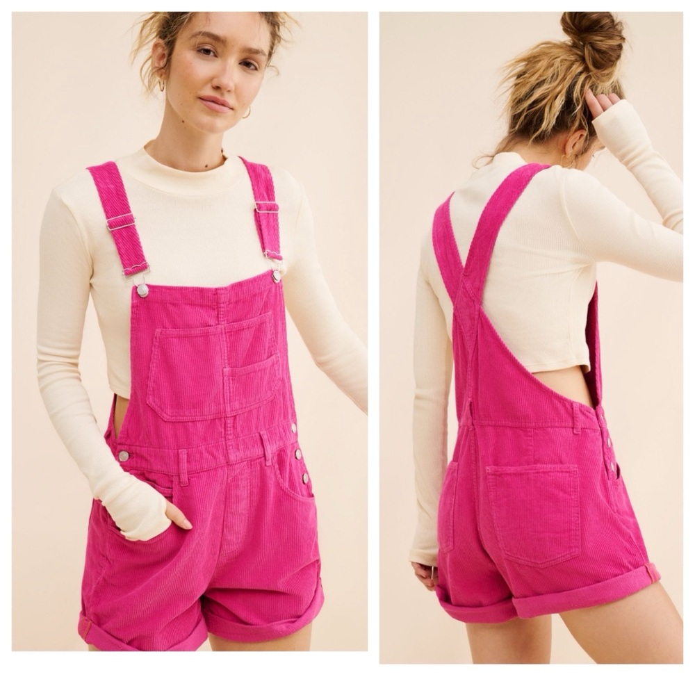 Free People Hot Pink Corduroy Short Overalls
